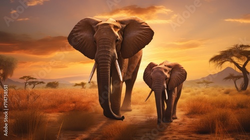 Elephants family in dust on african savannah