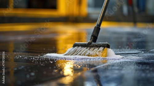 Close Up of Wet Floor and Broom