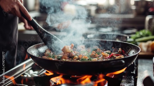 Wok Cooking on Stove, Delicious Food Sizzling in Traditional Pan