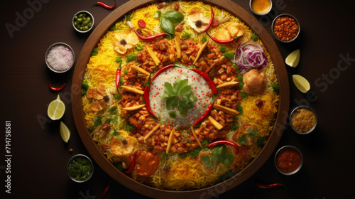 A tray of colorful and spicy biryani, a festive dish often served during Eid al-Fitr, the celebration that marks the end of Ramadan