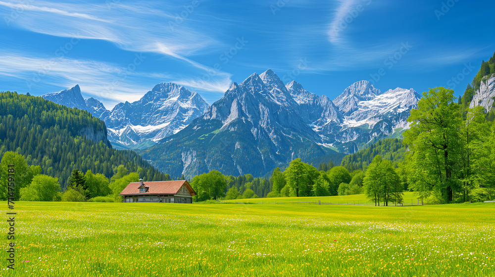 picturesque landscape scene in the Alps, vibrant green meadow blue sky