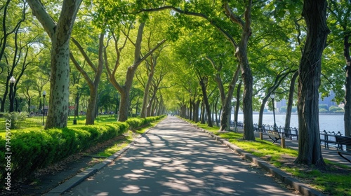 a nature inspired walking pathway road surrounded by trees near water © DailyLifeImages