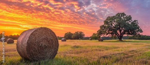 Texas meadow with hay bales during sunrise. photo