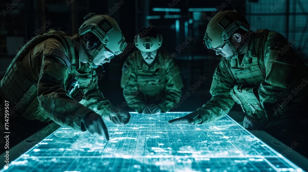 Three Soldiers Studying a Map in Dim Light - obrazy, fototapety, plakaty 