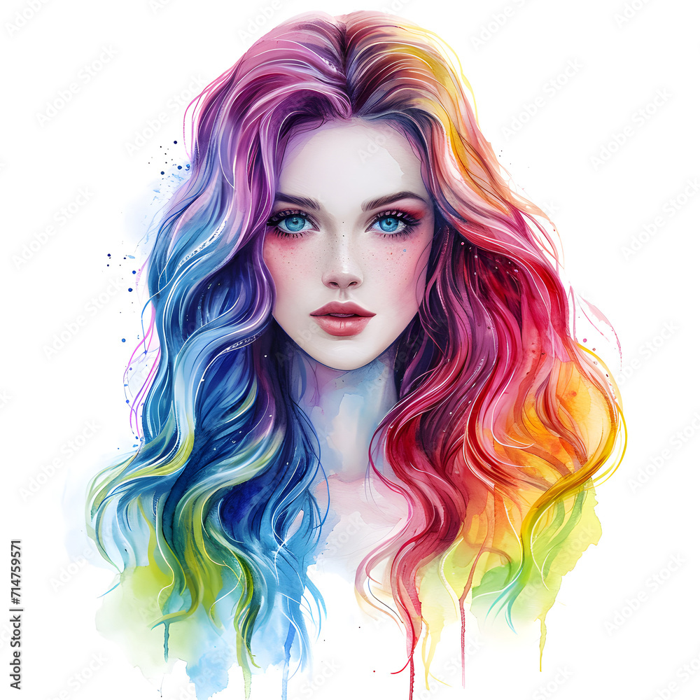 beautiful girl with rainbow hair watercolor paint isolated on white background