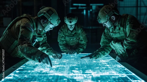 Three Soldiers Studying a Map in Dim Light