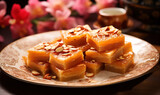 Traditional Nian gao, Year cake or Chinese New Year's cake is a food prepared from glutinous rice and consumed in Chinese cuisine. Chinese new year celebration nian gao rice cakes.