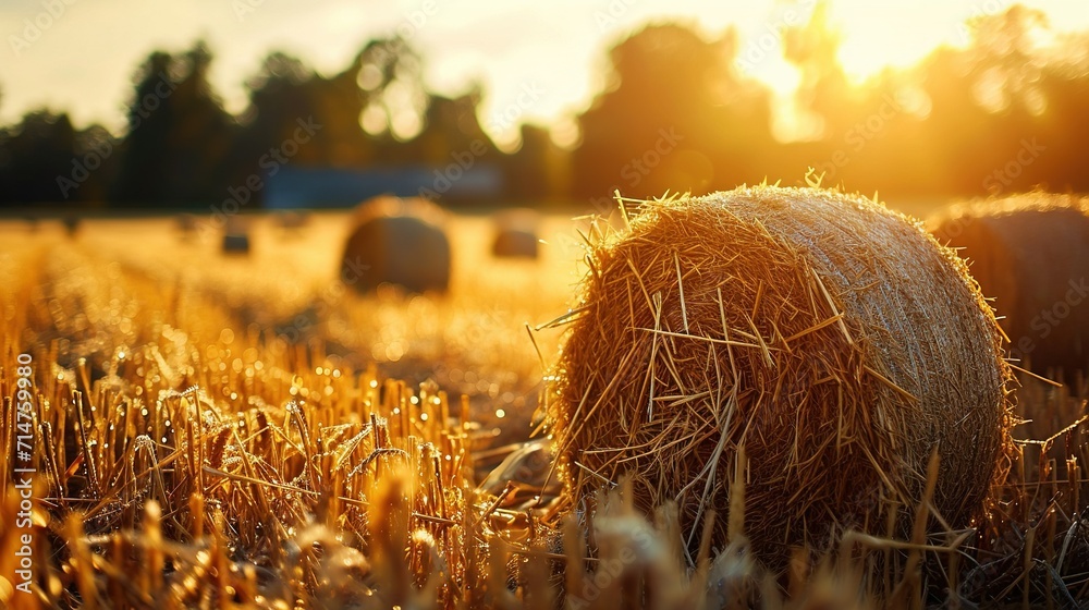 Summer scene of round haystacks in the countryside. Created with Generative Ai technology. Summer scene of round haystacks in the countryside. Created with Generative Ai technology.