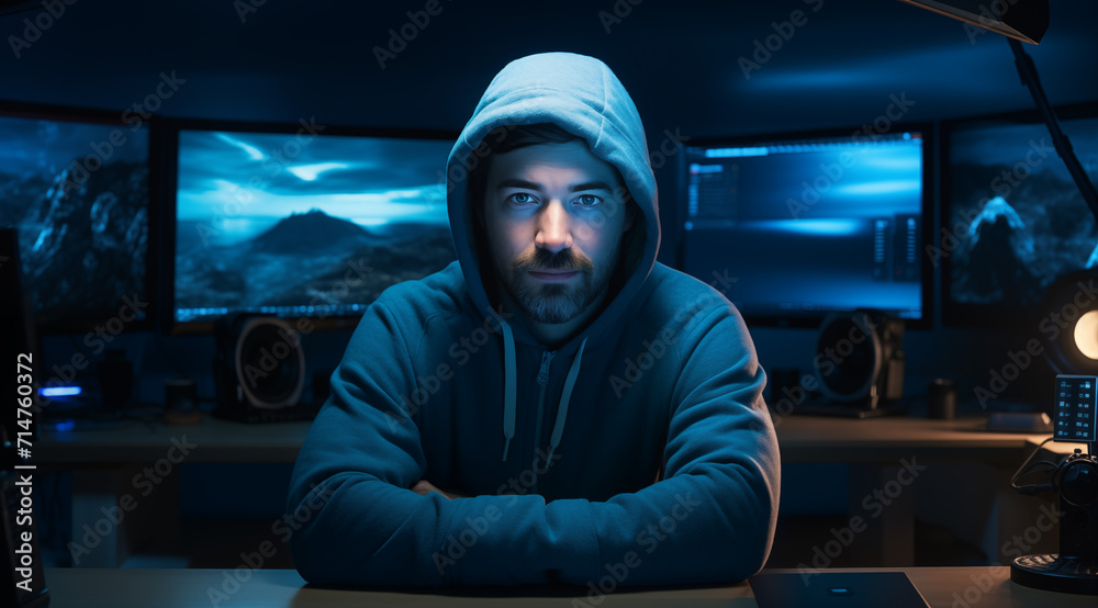 Mann in einem Hoodie sitzt am PC mit vielen Monitoren, Informatik, Medien, Coding Mann in einem Hoodie sitzt am PC mit vielen Monitoren, Informatik, Medien, Coding