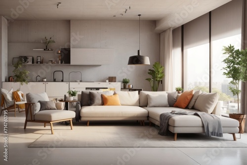 Interior home design of modern living room with gray sofa and home furniture with concrete wall in the apartment © Basileus