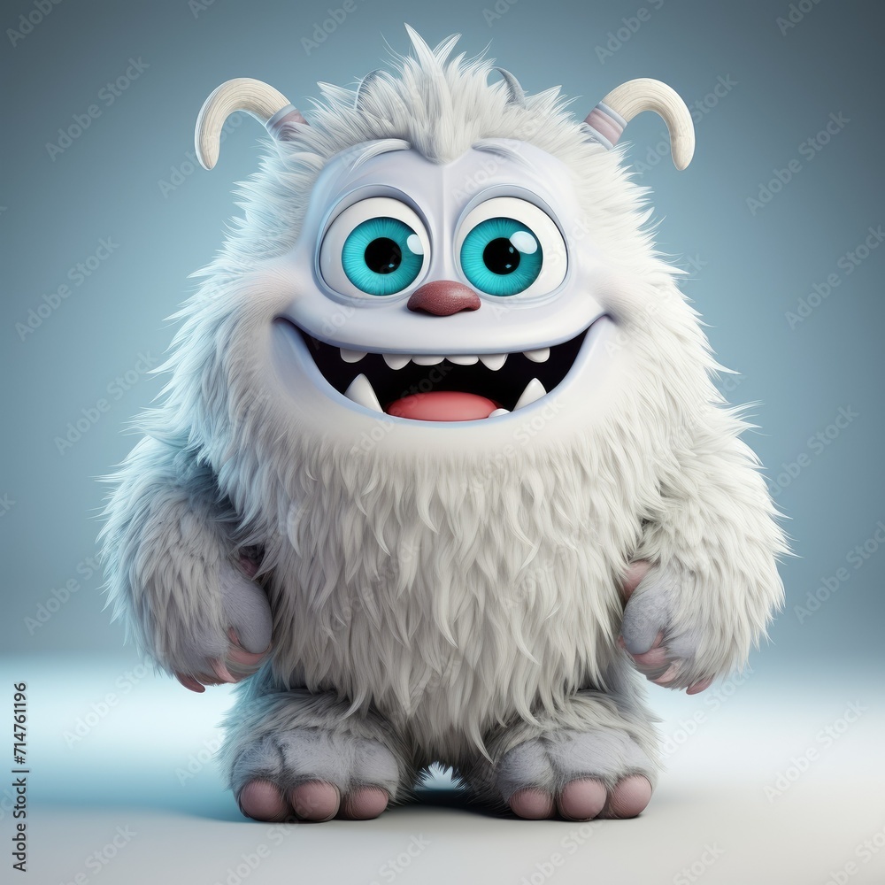 Obraz premium Friendly cartoon monster with white fur, big blue eyes, and a cheerful smile on a plain background.