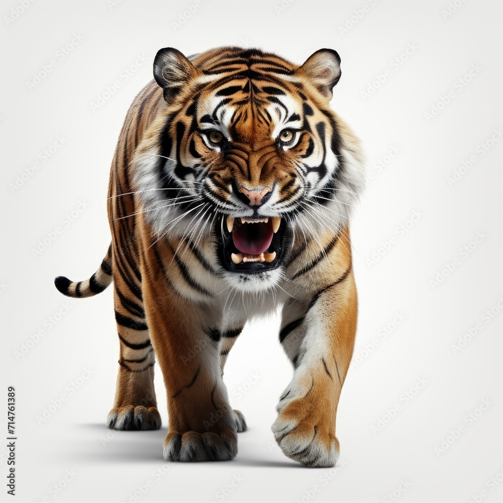 Majestic tiger walking forward with a fierce expression on a neutral background.