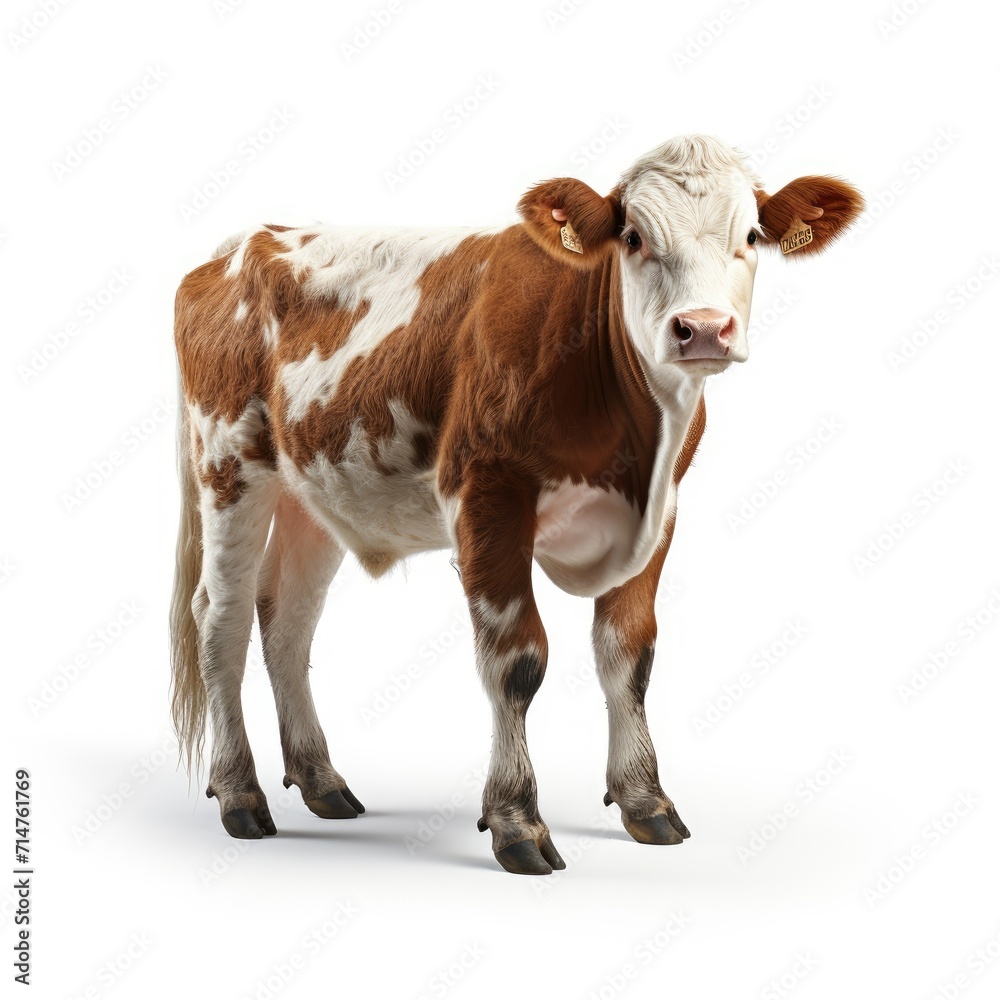 Brown and white cow standing isolated on a white background.