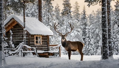 Noble deer in winter forest in Finnish Lapland against the background of a snow-covered forest huts