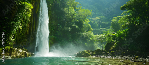 Panoramic view of waterfall in tropical forest. Panorama of beautiful waterfall in green forest