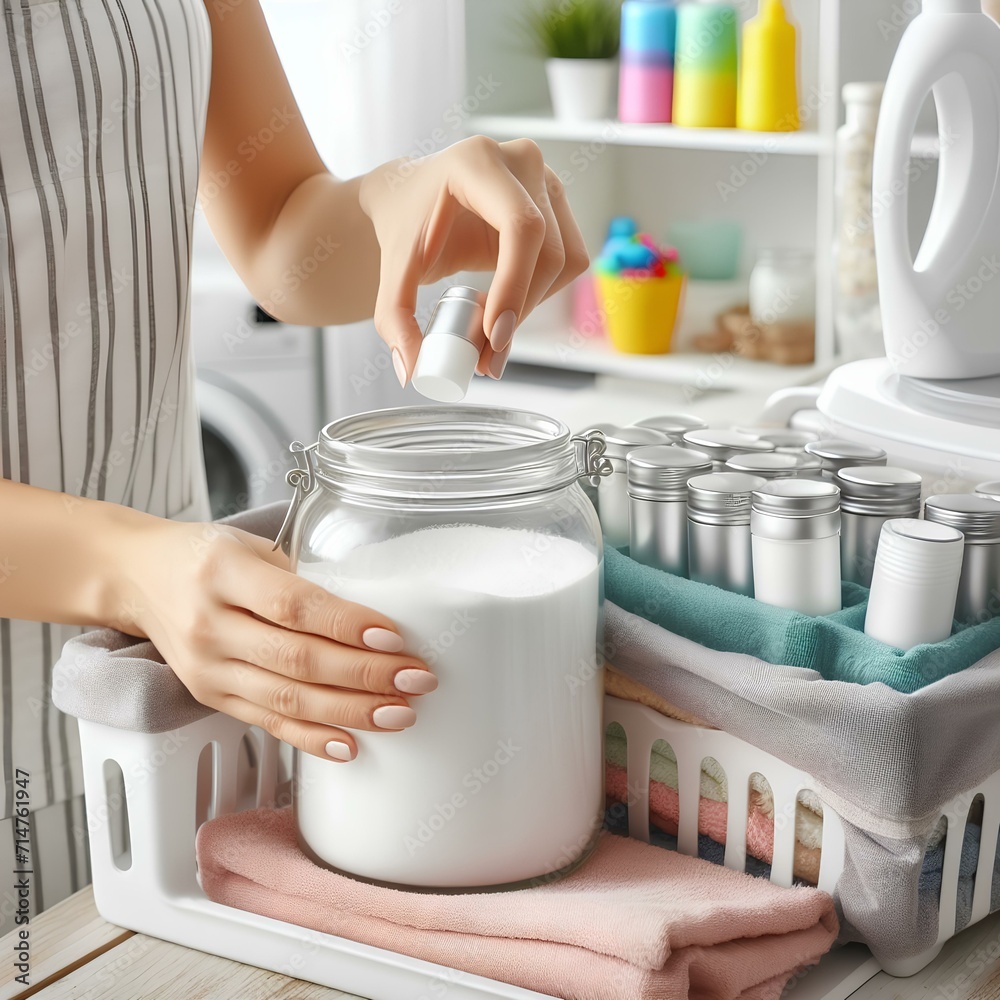 Woman housewife hands putting glass can washing powder laundry capsule