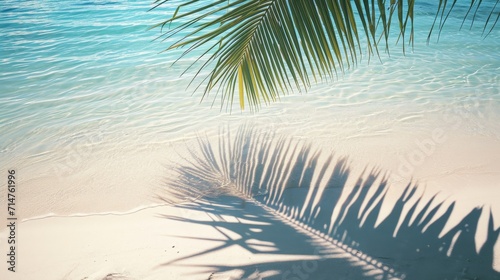 top view of water surface with tropical leaf shadow. Shadow of palm leaves on white sand beach. Beautiful abstract background concept banner for summer vacation at the beach © Romana