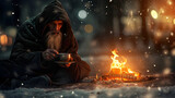 Homeless man sitting and eating by the fire