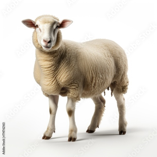 A sheep standing against a white background  looking at the camera.