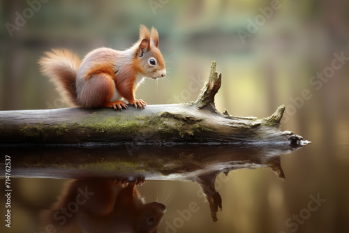 Eichhörnchen im Wald auf einem Stück Holz am  Wasser, Spiegelung des Eichhörnchens im Wasser © GreenOptix
