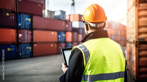 A male worker using a tablet works in a seaport container yard warehouse. Container warehouse inspection. Freight transport Import and export. Logistics business for the delivery of goods by sea.