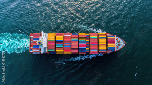 Top view of a cargo sea vessel carrying goods in the ocean, a ship carrying a container importing to exporting goods by sea, logistics of cargo transportation using ships