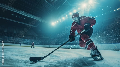 Hockey Player in Red Uniform Skating on Ice