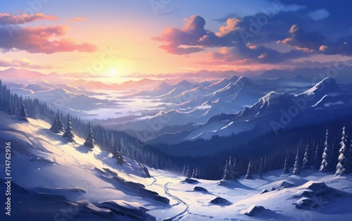 illustration of a beautiful view of the sun above the snow mountain slopes, a very stunning view © Harjo