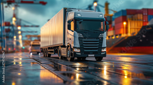 Loading trucks in a warehouse at the dock. Delivery of goods in containers by trucks. Distribution warehouse port. Freight transport and logistics background