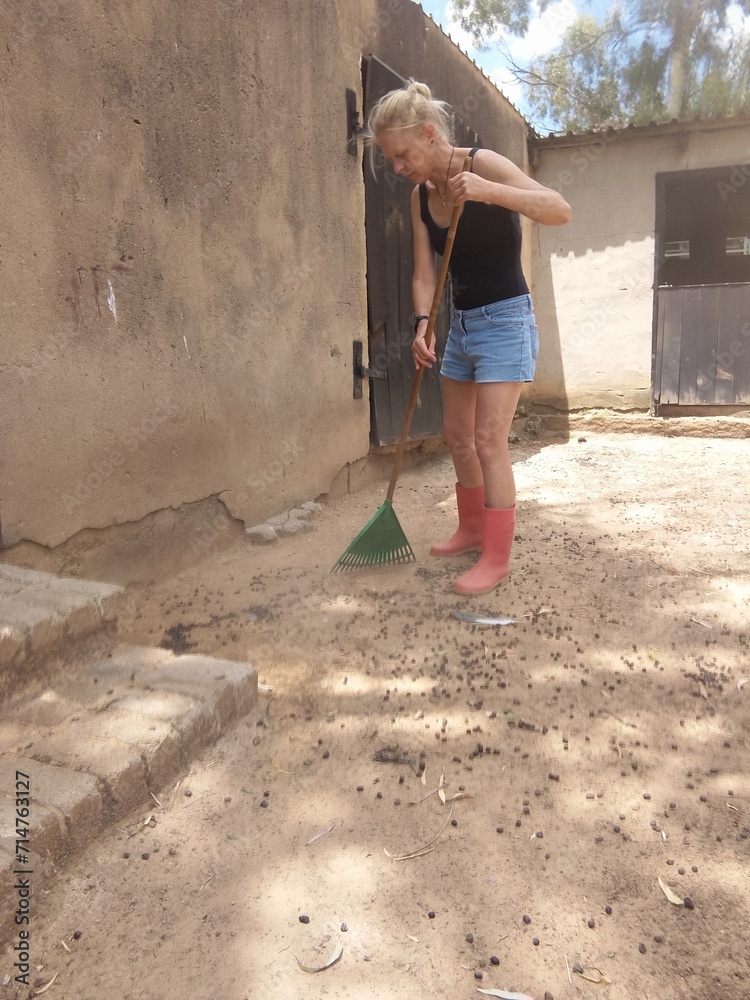 Caucasian Female Raking manure  outside around the barn, on a sheep and Alpaca farm in South Africa