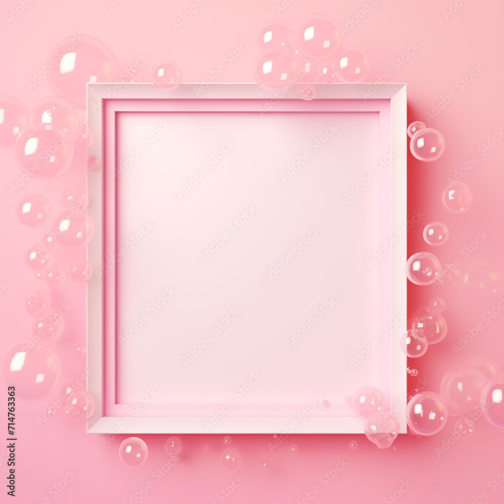 Empty pink frame surrounded by delicate soap bubbles evokes a sense of whimsy and transience in this minimal concept. Empty pink frame surrounded by delicate soap bubbles evokes a sense of whimsy and transience in this minimal concept.