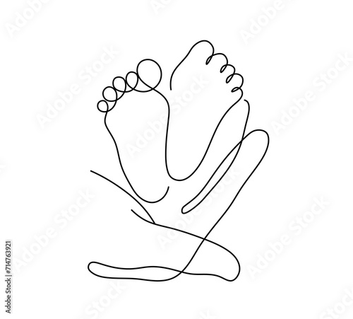 Vector isolated two pair baby foots in hand one single contemporary line art colorless black and white contour line easy drawing photo