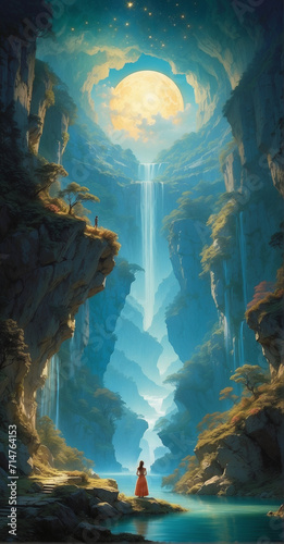 Mythical landscape and waterfall