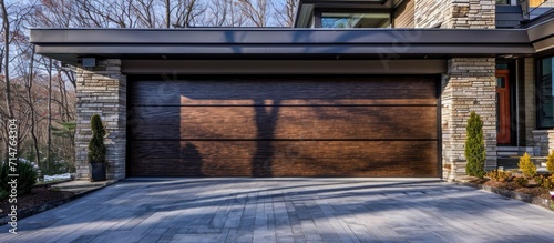 Contemporary metal garage door with faux wood finish framed by classic stone wall. photo