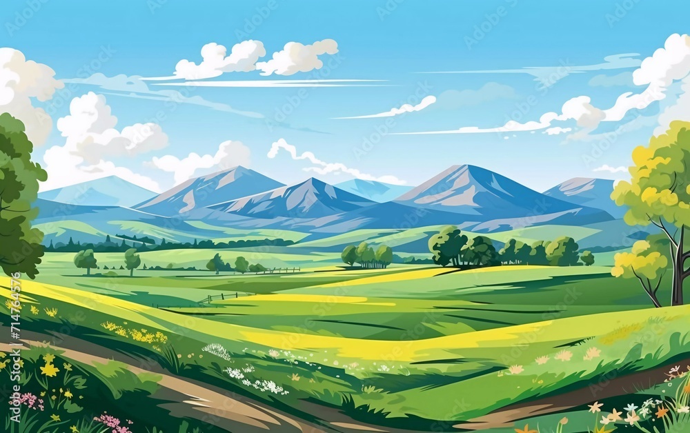 vector illustration Spring landscape with trees, mountains very beautiful