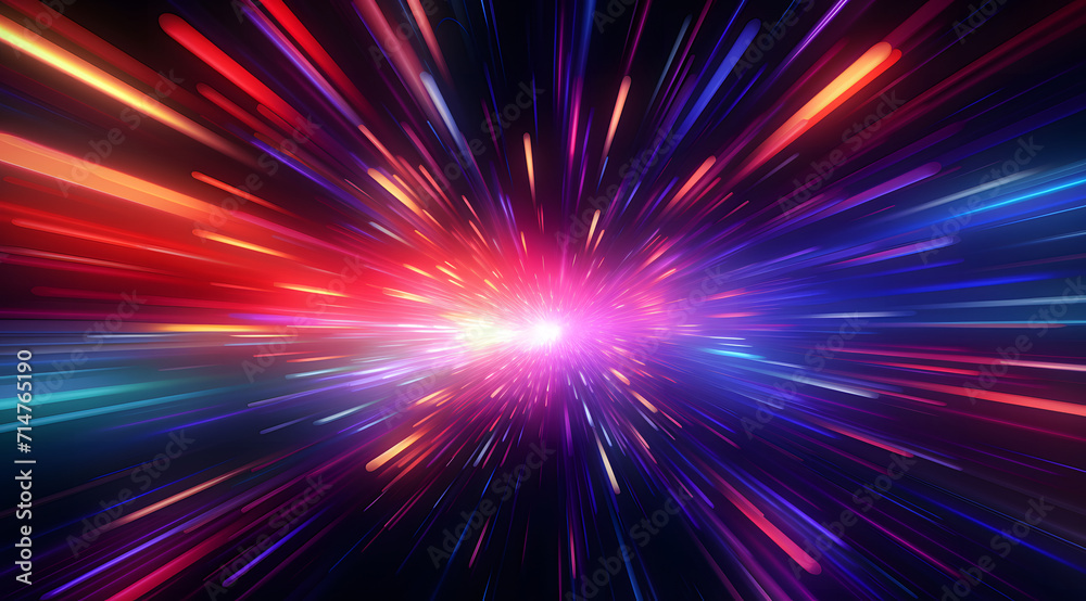 Colorful neon light lines running down on black background. Abstract neon light background, moving high speed, hyperspace, space scene, spotlight, dark night, futurism, light beams.