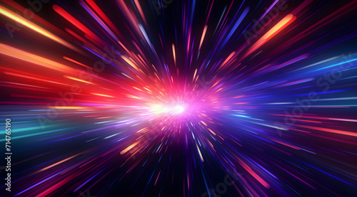 Colorful neon light lines running down on black background. Abstract neon light background, moving high speed, hyperspace, space scene, spotlight, dark night, futurism, light beams. © jex