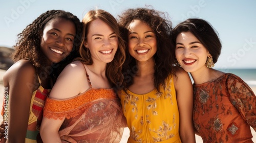 Cultural Diversity, Group of young women of diverse ethnicities in front of a beach, showcasing cultural diversity