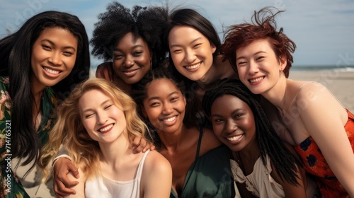 Cultural Diversity, Group of young women of diverse ethnicities in front of a beach, showcasing cultural diversity © kanesuan