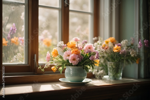  Beautiful morning with spring flowers, window, flowers 