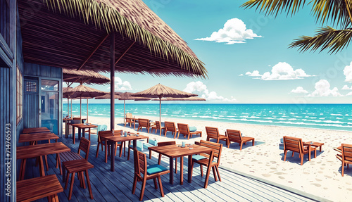 A beach cafe with tables and chairs  set on a sandy beach with the sea in the background.