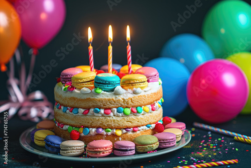 Sweet birthday cake colorful macarons and topping and burning candles with air balloons  dark background