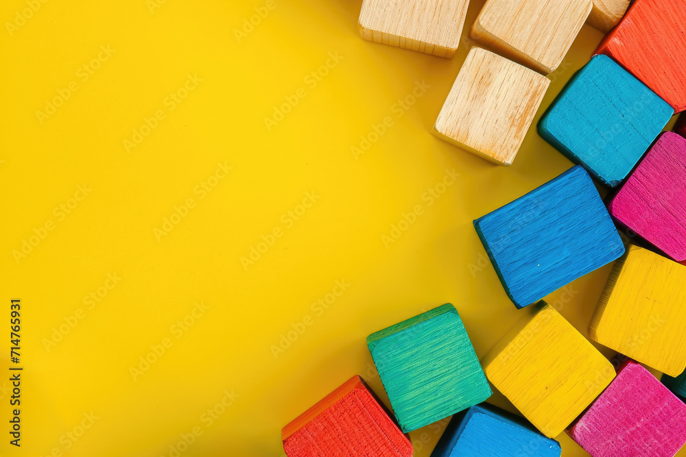 Top view on multicolor toy wooden bricks on yellow background with copy space for text. Children toys on the table. Top view on multicolor toy wooden bricks on yellow background with copy space for text. Children toys on the table.