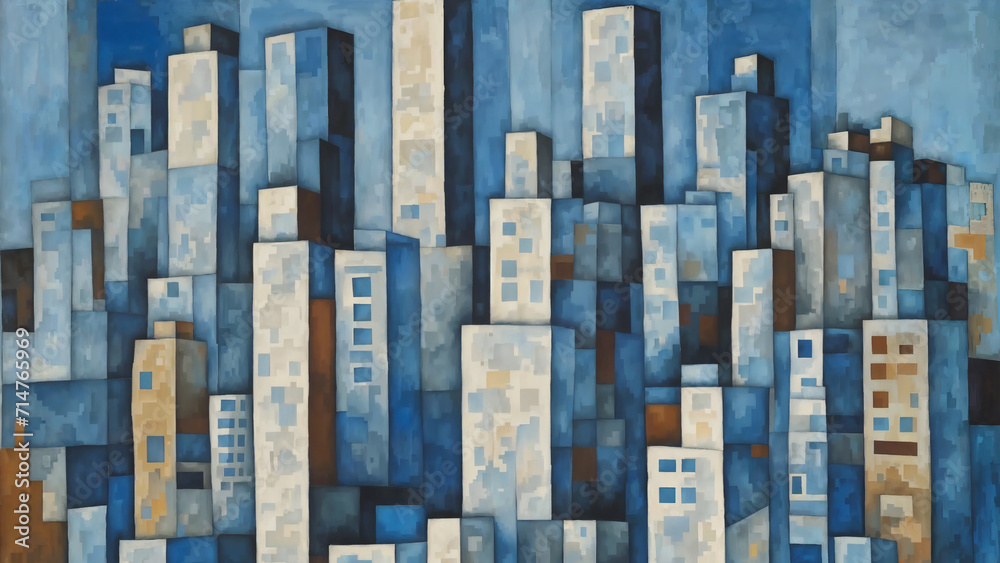 Skyscrapers, cityscape, cubism oil painting - obrazy, fototapety, plakaty 