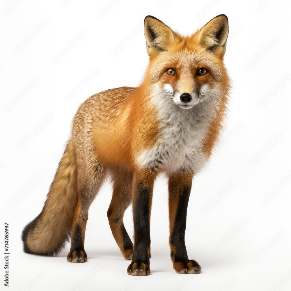 Red fox standing isolated on white background.