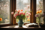 
Beautiful morning with spring flowers, window, flowers
