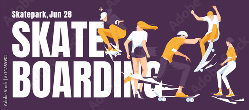 set of skateboarders on the big text background. Horizontal poster advertising design. Flat vector illustration
