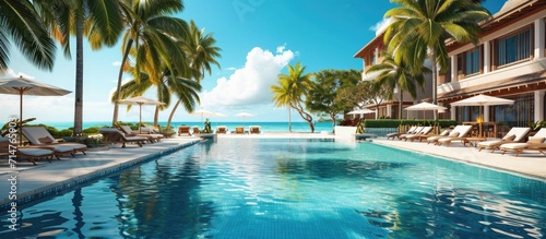 Vacation paradise: Stunning beachfront resort with pool, sunbeds, and palm trees on a warm, sunny day.