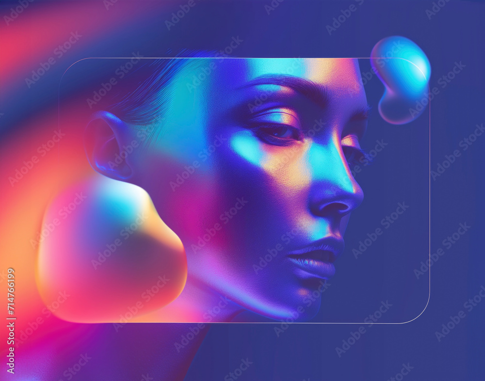 Woman's face seen through glass frame. Neon futuristic hues background.