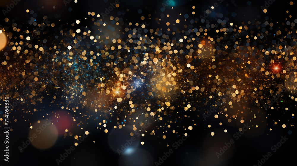 Obraz premium Particules scintillantes et brillantes volant sur fond sombre, noir. Lumière, paillettes dorées et flou. Fond pour bannière, conception et création graphique.